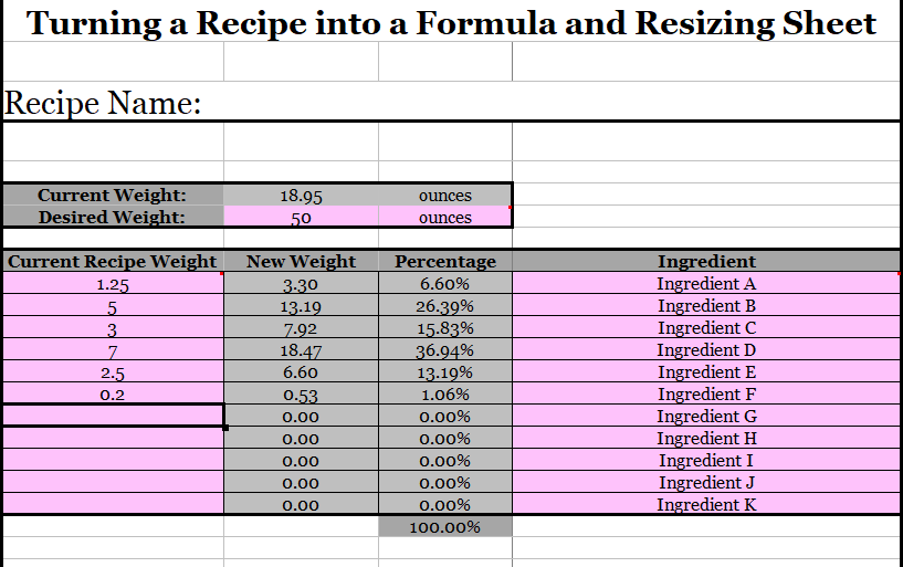 Turning a Recipe Into A Formula and Resizing Sheet