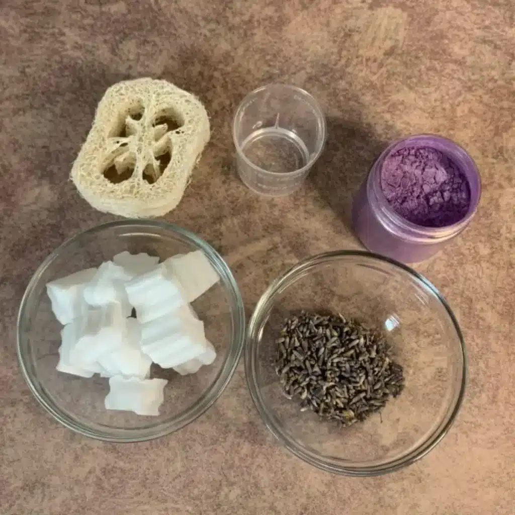 ingredients needed for lavender melt and pour soap with luffa