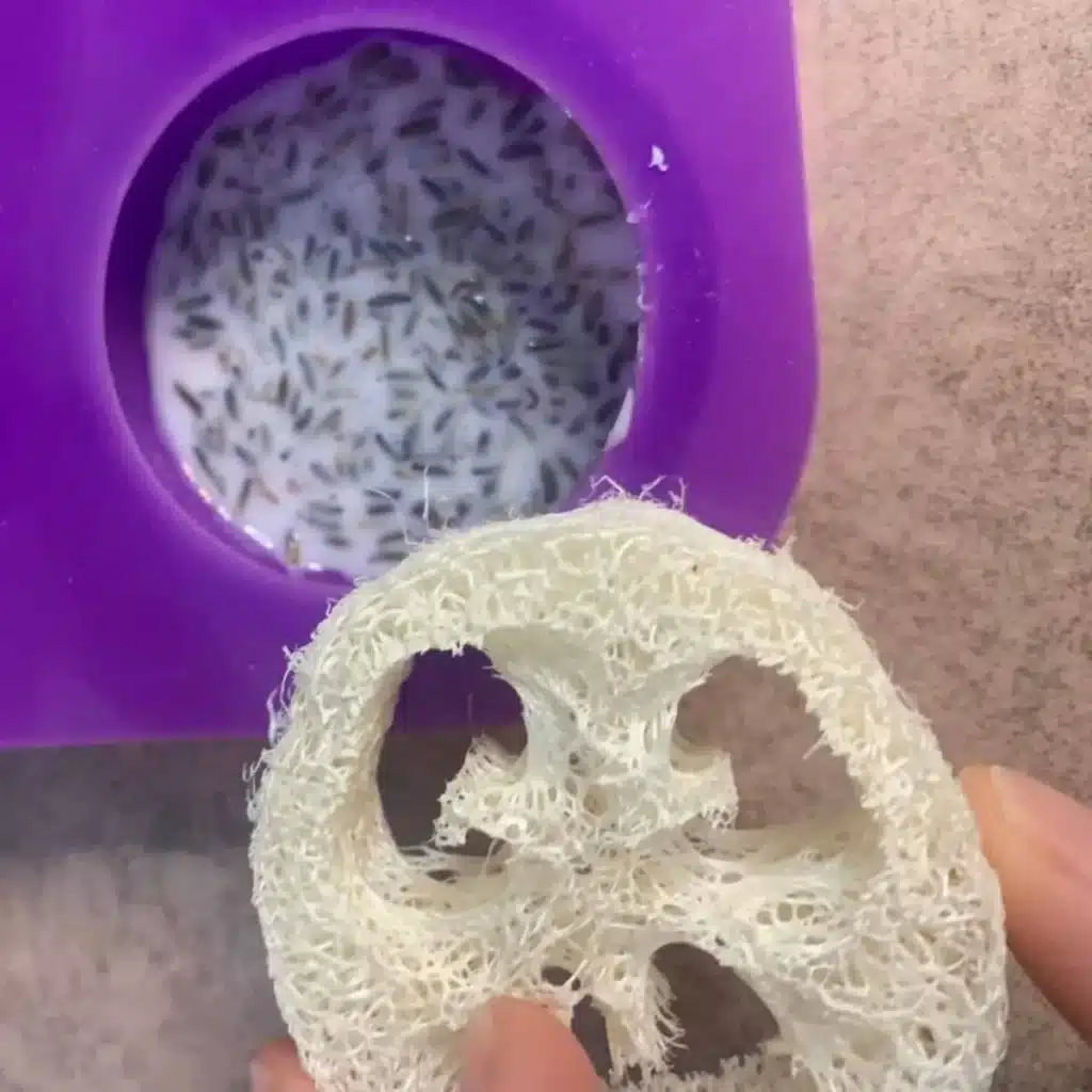 placing luffa into melt and pour with lavender