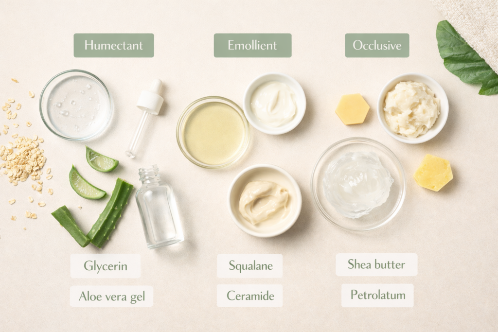 Skincare ingredient components flat lay