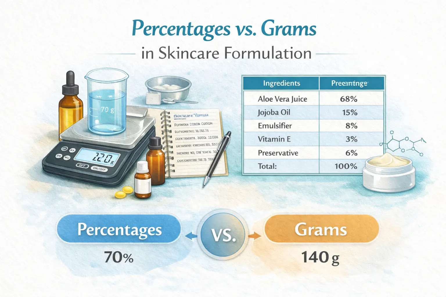 Percentages vs Grams in Skincare Formulation (Beginner Guide)