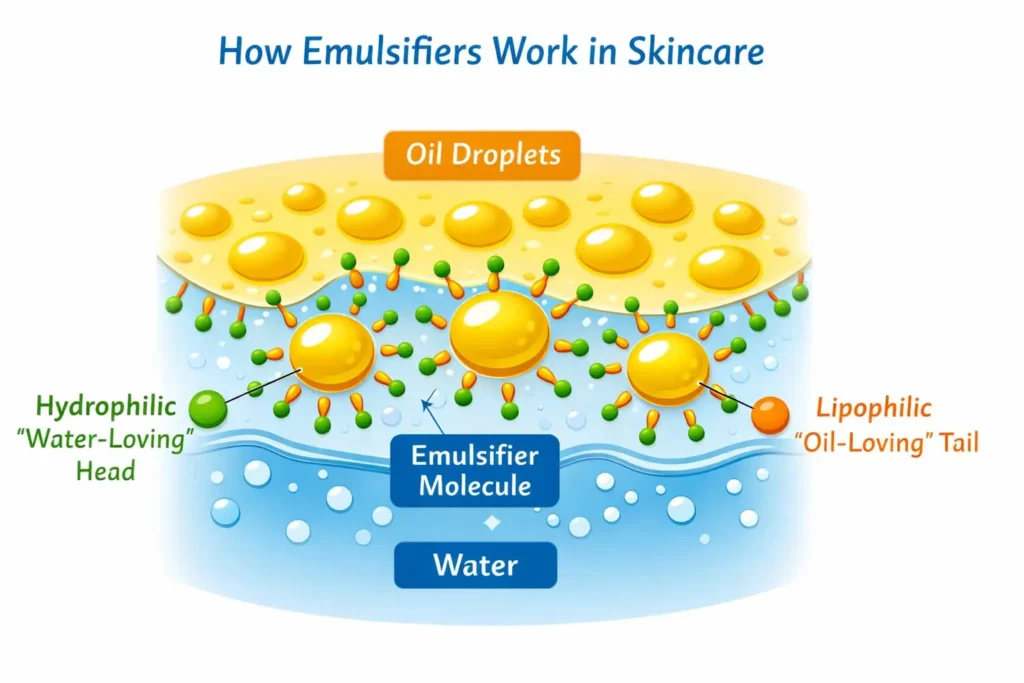 emulsifier molecules connecting oil and water in skincare emulsions
