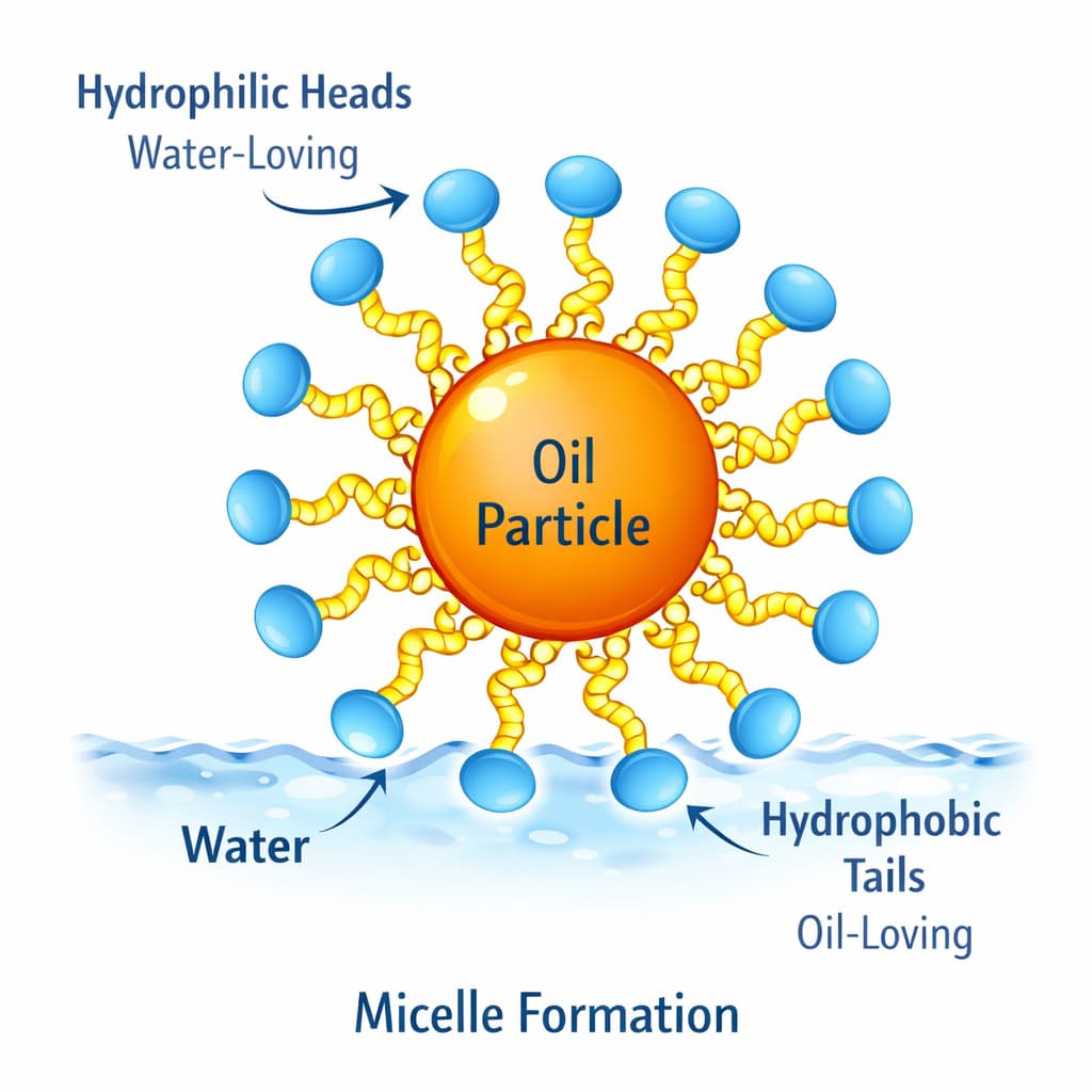 micelle formation diagram showing surfactants surrounding oil
