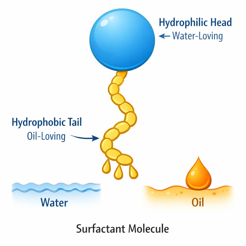 surfactant molecule diagram showing hydrophilic head and hydrophobic tail
