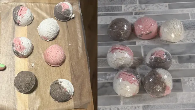 before and after shrink wrapping ice cream scoop bubble bars
