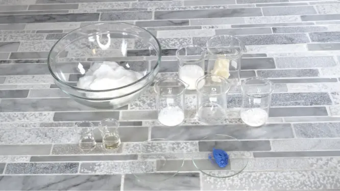 ingredients for whipped soap recipe laid out including stearic acid sugar and oils