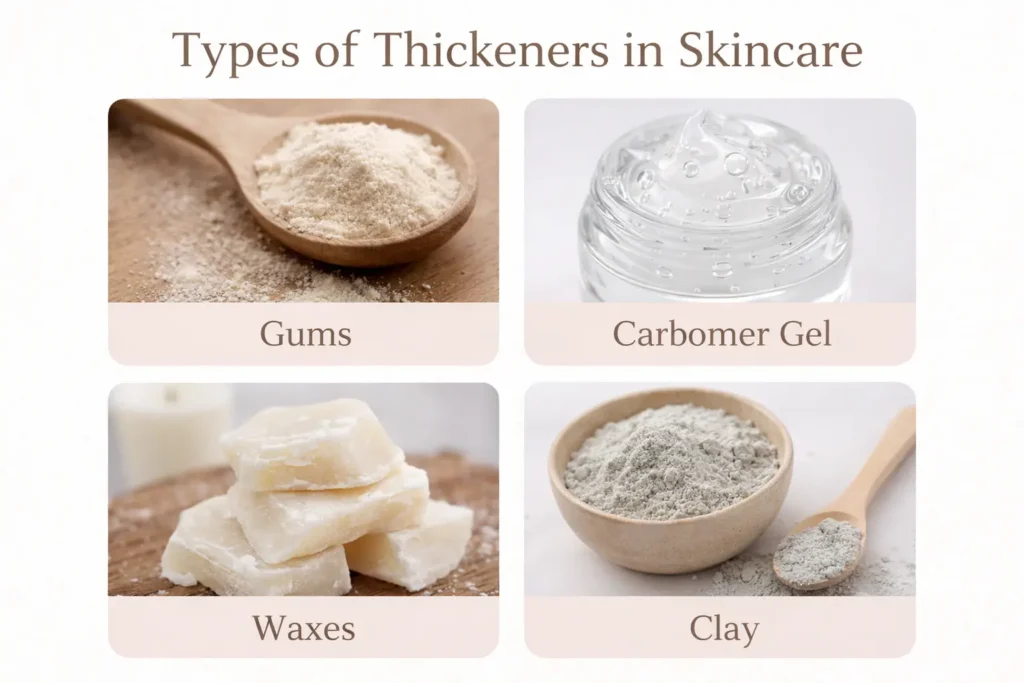 types of skincare thickeners chart gums carbomer wax clay