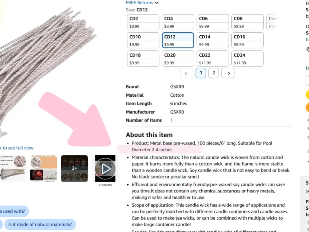 Image showing where it shows diameter size when buying candle wicks