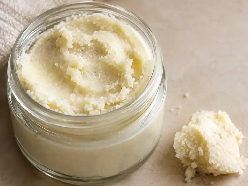 Close-up of grainy body butter showing small, visible crystals in a pale ivory butter.