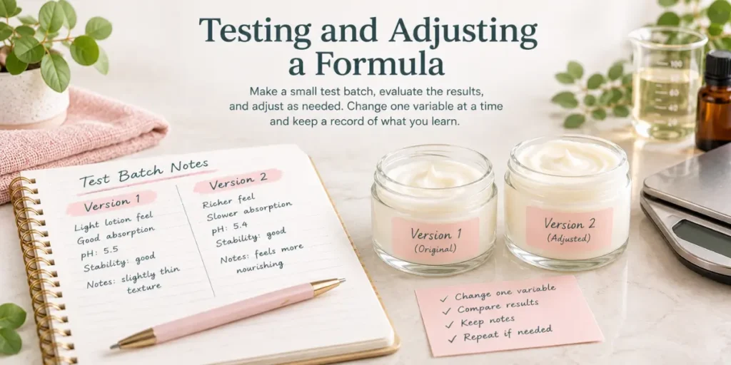 Two skincare test batches labeled by formula version beside formulation notes